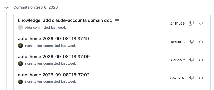 The brain repo's commit list on GitHub: three auto commits stamped with timestamps, and one knowledge commit authored by Aida