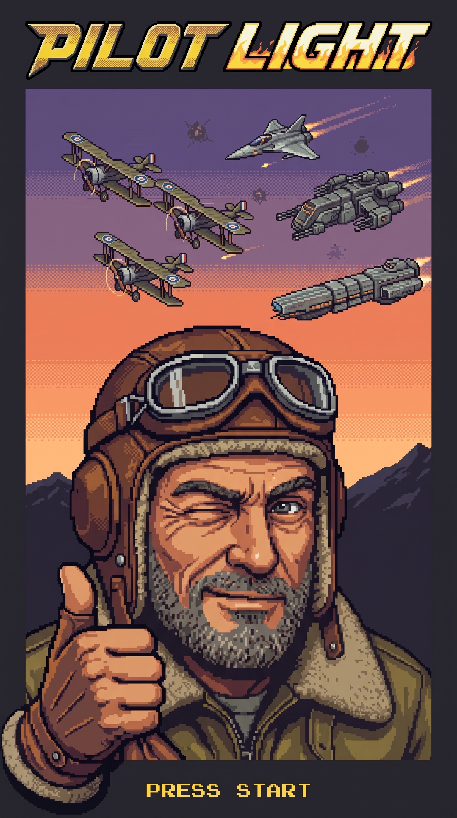 Pilot Light title screen, pixel-art biplanes and gunships at sunset