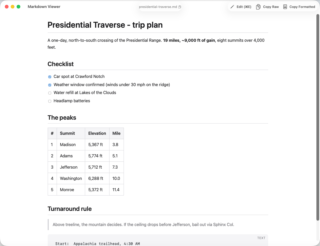 Markdown Viewer rendering a hiking trip plan